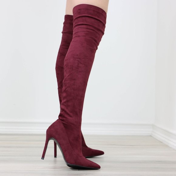 Wine Women's Thigh High Boots Faux Suede Pointed Toe Stilettos - Picture 13 of 15